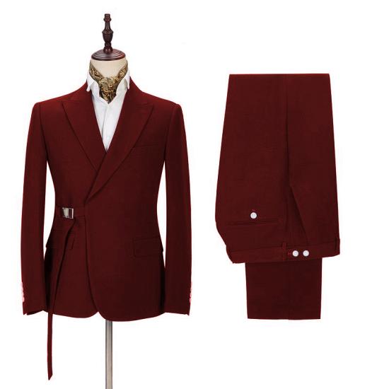 Stylish Peak Lapel Buckle Button Formal Burgundy 2 Piece Mens Casual Suit Online_2