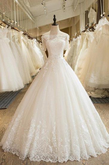 Floor-Length Applique Ball Gown Off-the-Shoulder Lace Tulle 1/2 Sleeves Wedding Dresses