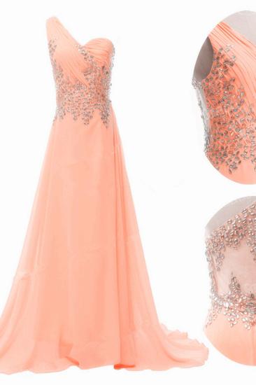 Light Blue Chiffon Prom Dresses with Crystals One  Shoulder Sheer Back Popular Evening Dresses_5