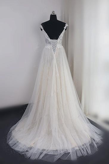 Bradyonlinewholesale Chic Tulle Lace White V-neck Wedding Dress Appliques Sleeveless Ruffle Bridal Gowns On Sale_2
