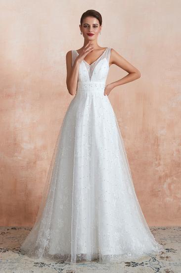 Fantastic V-Neck Sleeveless White Appliques Wedding Dress With Pearls_1