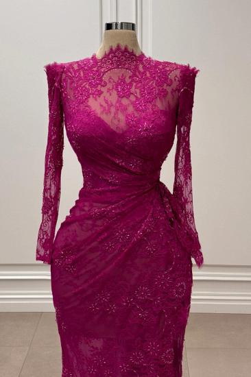 Fuchsia Evening Dresses Long Simple Lace Ball Gowns with Sleeves_2