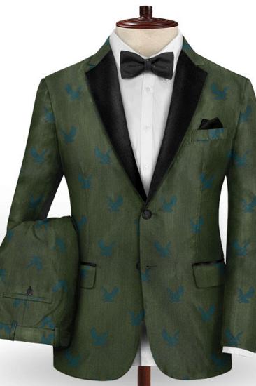Mens Dark Green Printed Suit |  Custom Prom Suit Mens Black Lapel Suit_2