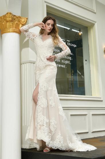 Delicate V-Neck High Split Long Sleeves Lace Wedding Dress With Court Train_7