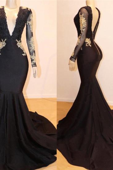 V-neck Gold Lace Open Back Prom Dresses Cheap | Mermaid Long Sleeve Sexy Black Graduation Dress_2