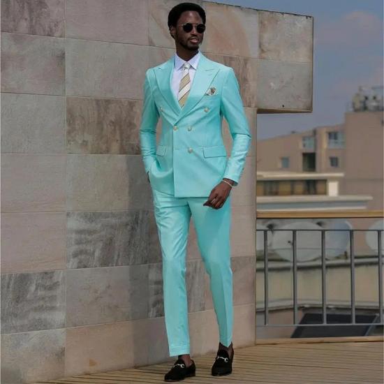 New Arrival Teal Peaked Lapel Double Breasted Prom Two Suits_2