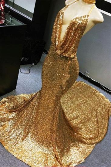 Sexy Deep V-neck Gold Sequins Evening Dress | Mermaid Backless Cheap Prom Dress on Mannequins