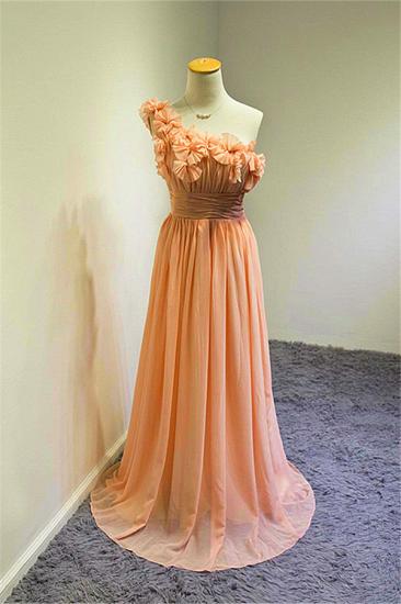 A-line One Shoulder Chiffon Applique Prom Dress Ruffled Sweep Train Lovely Evening Gowns with Flowers