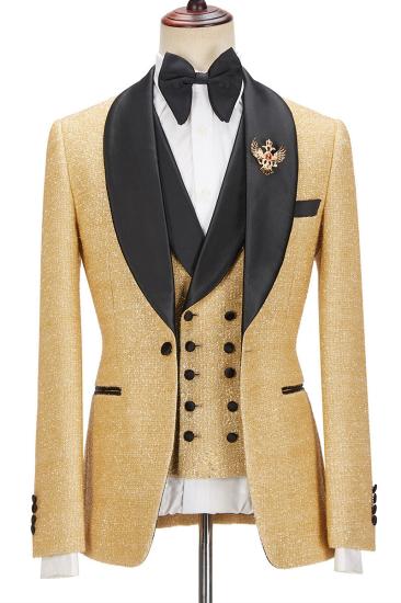 Andrew Sparkly Gold Shawl Lapel Three Piece Mens Wedding Suit_1