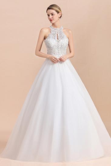 Elegant White Beaded Halter Ball Gown Lace Wedding Dress_4