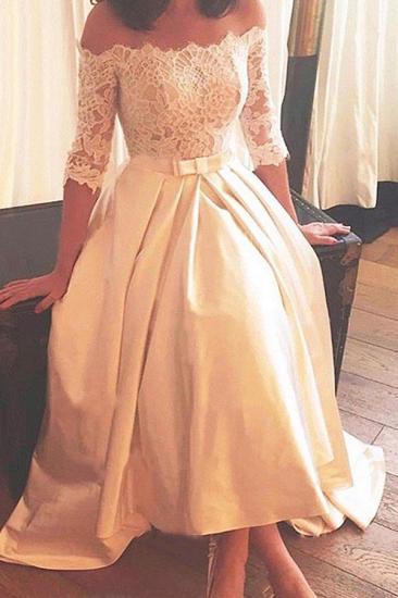 1/2 Sleeves Lace A-Line Asymmetrical Sweep Train Satin Off-the-Shoulder Wedding Dresses_1