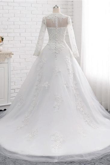 Bradyonlinewholesale Modest Jewel White Tulle Lace Wedding Dress Long Sleeves Appliques A-Line Bridal Gowns On Sale_2