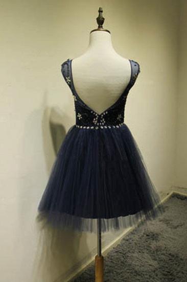 Cute Blue Tulle Mini Cocktail Dresses with Beadings Short Elegant Open Back Fashionable Dresses for Juniors_2