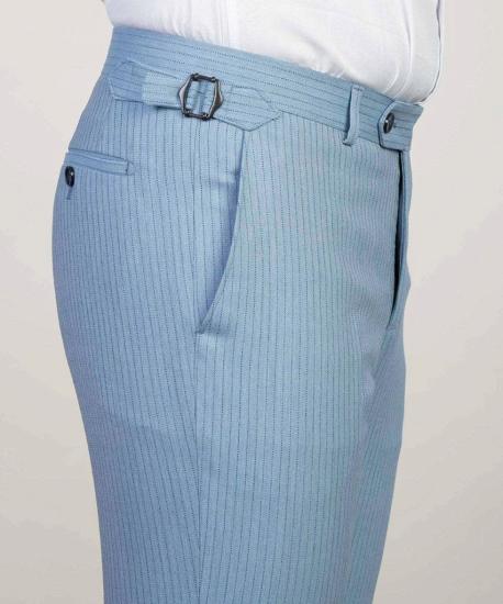 Sky Blue Striped Pointed Lapel Three Piece Men's Business Suit_5