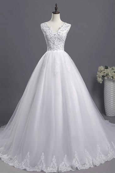 Bradyonlinewholesale Glamorous V-Neck Sequins White Tulle Wedding Dress Sleevels Lace Appliques Bridal Gowns On Sale_1