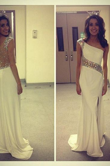 One Shoulder A-Line Elegant Evening Dresses Side Slit Sweep Train Prom Gowns with Beadings_2