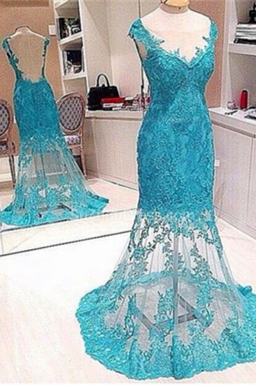 Elegant Mermaid Lace Prom Gowns V-Neck Sweep Train Backless Evening Dresses