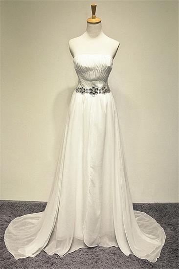 Zipper Whilte Chiffon Long Strapless Bridal Dresses A-line Ruffle Crystal Sweep Train Formal Wedding Dress_1