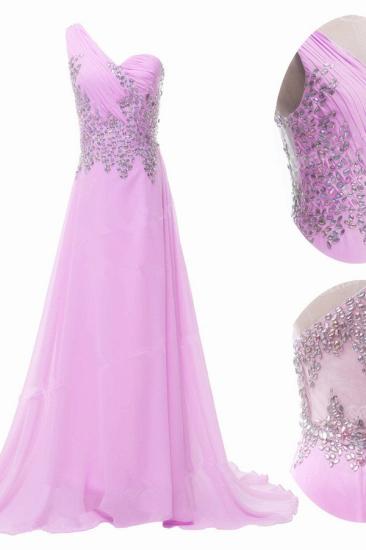 Light Blue Chiffon Prom Dresses with Crystals One  Shoulder Sheer Back Popular Evening Dresses_4