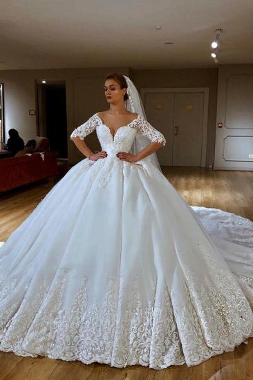 V-neck Lace Short Sleeve Ball Gown Wedding Dresses | Appliques Bridal Gowns With Court Train_3