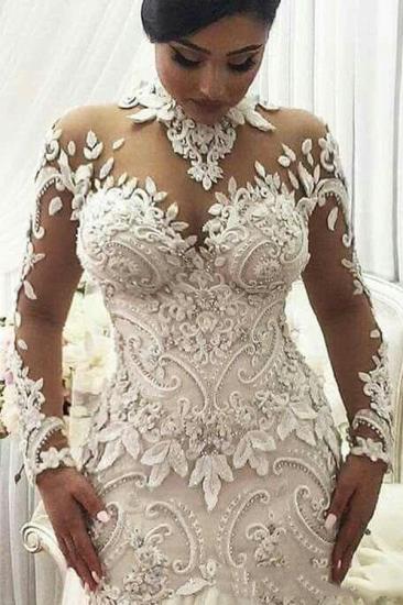 High Neck Beads Appliques Mermaid Wedding Dresses | Sheer Tulle Long Sleeve Bridal Gowns_2