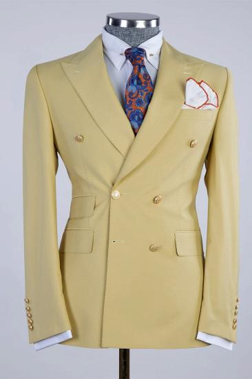 Shiny Yellow Double Breasted Point Collar Men's Ball Suit_1