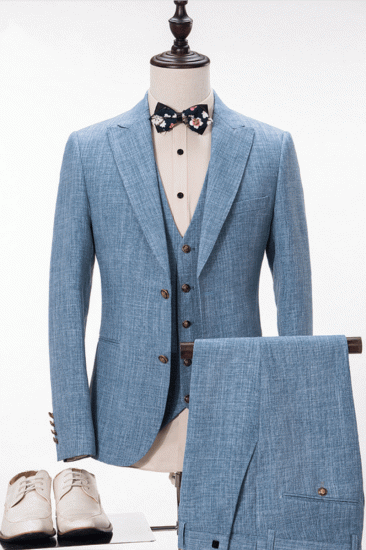Stylish Blue Linen Suit For Wedding | Peak Lapel Summer Groom and Groomsmen Suits_1