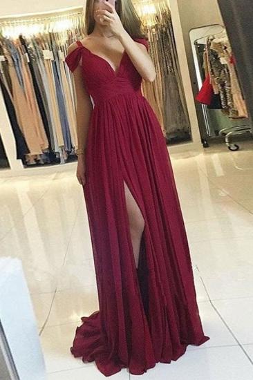 Chiffon A-line Burgundy Formal Dress Cheap Side Slit Long Off-the-Shoulder Prom Dresses