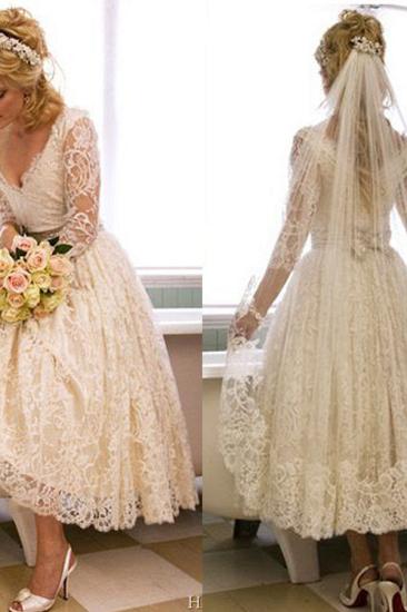A-Line V-Neck 3/4 Long Sleeve Lace Wedding Dress New Arrival Tea Length Plus Size Bridal Gown