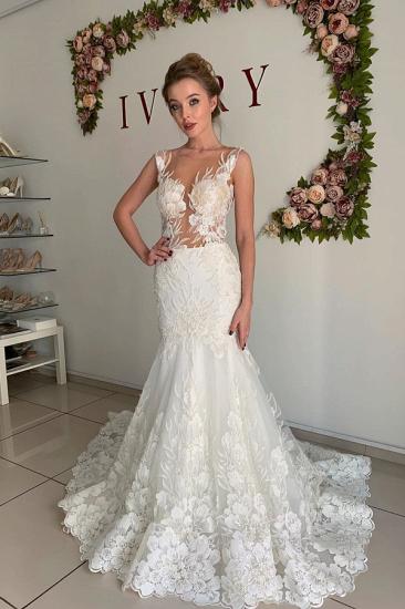 Illusion neck White Lace Sleeveless Mermaid Wedding Dress_3