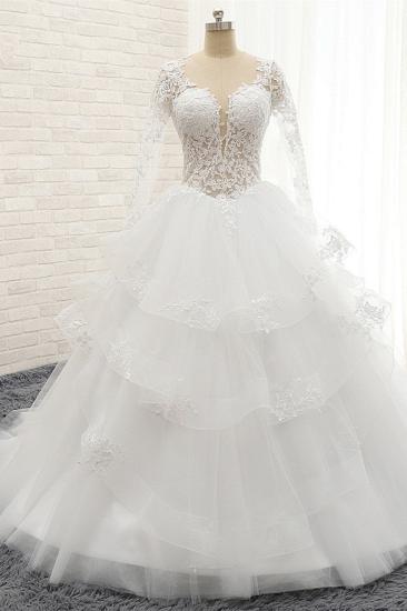 Bradyonlinewholesale Glamorous Longlseeves Tulle Ruffles Wedding Dresses Jewel A-line White Bridal Gowns With Appliques On Sale_6
