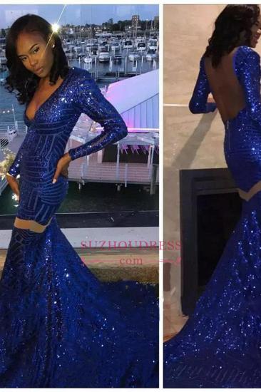 Sexy Deep-V-Neck Royal Blue Prom Dresses Mermaid Long Sleeves Evening Gowns_3