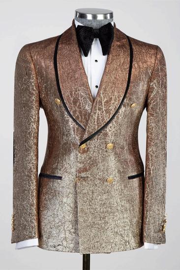 Solomon Khaki Shawl Lapel Jacquard Double Breasted Wedding Suits_1