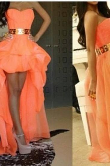 Chiffon Sweetheart Hi-lo Orange Homecoming Dresses with Gold Belt Cute Plus Size Prom Gowns_2