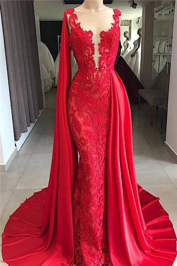 Red Lace Cheap Evening Dresses Online | Overskirt Watteau Train Prom Dresses_1