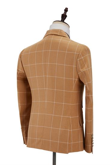 Peak Lapel Flap Pockets Double Breasted Plaid Orange Mens Business Suit for Formal_3
