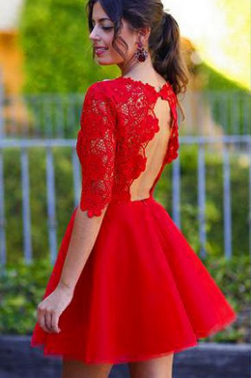 Elegant Lace Red Half Sleeve Short Homecoming Dress New Arrival Halter Mini Cocktail Dress_1