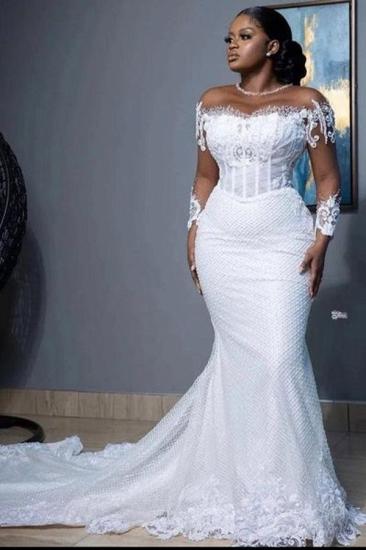Mermaid Wedding Dress with Long Sleeves Pearls Tulle Lace Bridal Gown Sweep Train_1