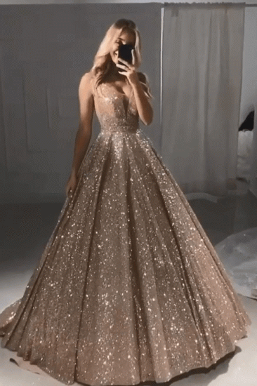 Sparkly Champagne Gold Sequins Prom Dresses Cheap | Gorgeous Shiny Sleeveless Straps Evening Gowns_2