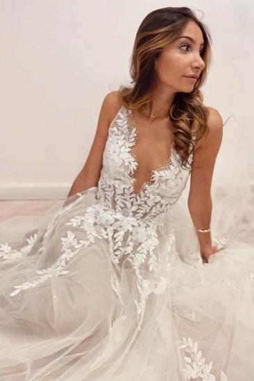 Glamorous V Neck Floral Tulle Wedding Dress Sleeve Aline Bridal Dress_5