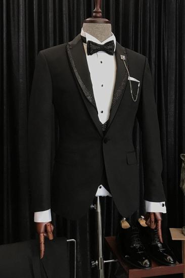 Benjamin's specially designed black wedding suit with shiny black pointed lapels_3