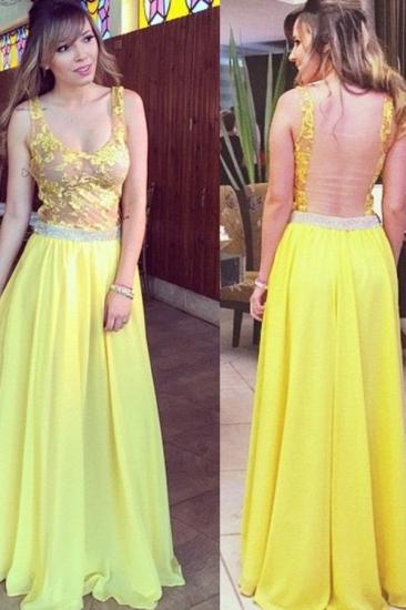 Chiffon Lace Straps Evening Dress Floor length Yellow Cheap Long Prom Dress_1