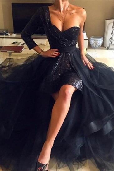 One Sleeve Black Sequins Prom Dresses Cheap | Detachable Overskirt Tulle Evening Gowns_2