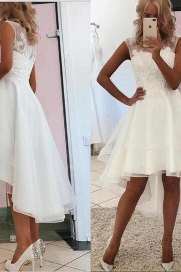 Modest White Sleeveless Lace Tulle High Low Wedding Dress_2