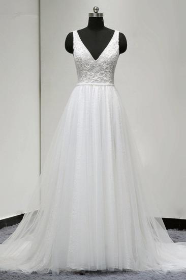 Bradyonlinewholesale Chic Straps V-Neck White Tulle Lace Wedding Dress Sleeveless Ruffles Bridal Gowns On Sale_1