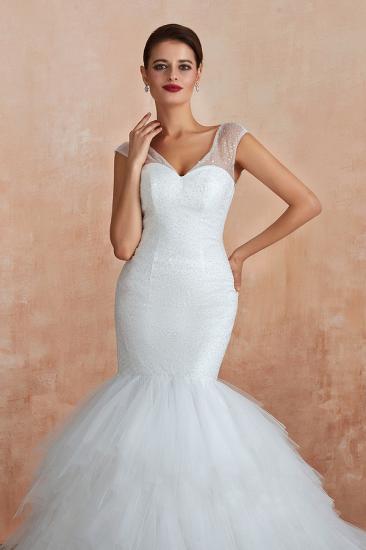 Catherine | Luxury V-neck Cap Sleeve Beach Low back Lace up White Close fitting Bridal Gowns with Sequins_3