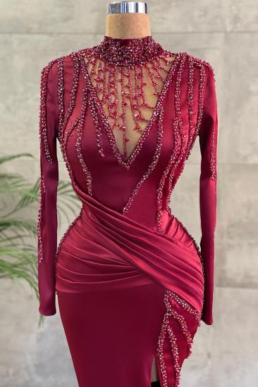 High Neck Long Sleeves Mermaid Evenign Dress with Side Slit_2