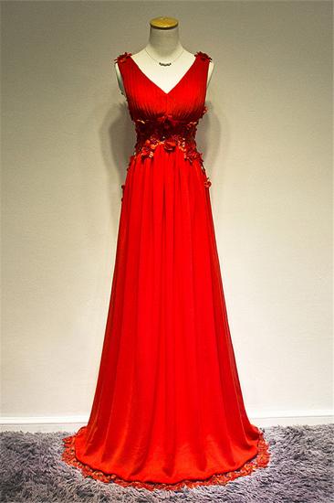 Applique Red V-neck Chiffon Sexy Evening Dress A-line Charming Sheer Back Sweep Train Party Dresses_1