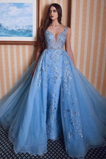 Stylish Double V-Neck Mermaid Prom Dress Lace Appliques Detachable Train_2