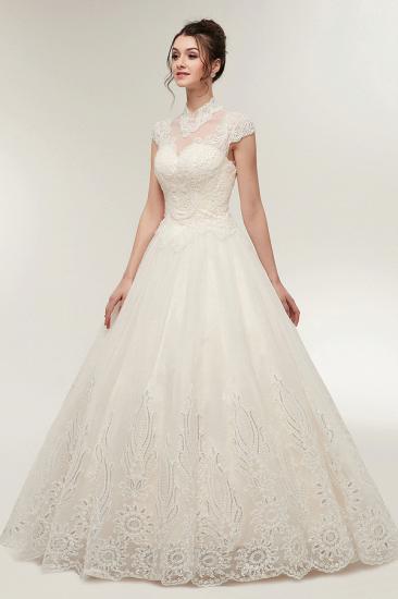 A-line High Neck Short Sleeves Long Lace Appliques Wedding Dresses with Lace-up_5